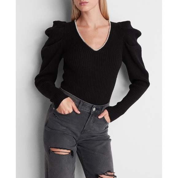 NWT Express Embellished V-Neck Puff Sleeve Sweater - Picture 6 of 8